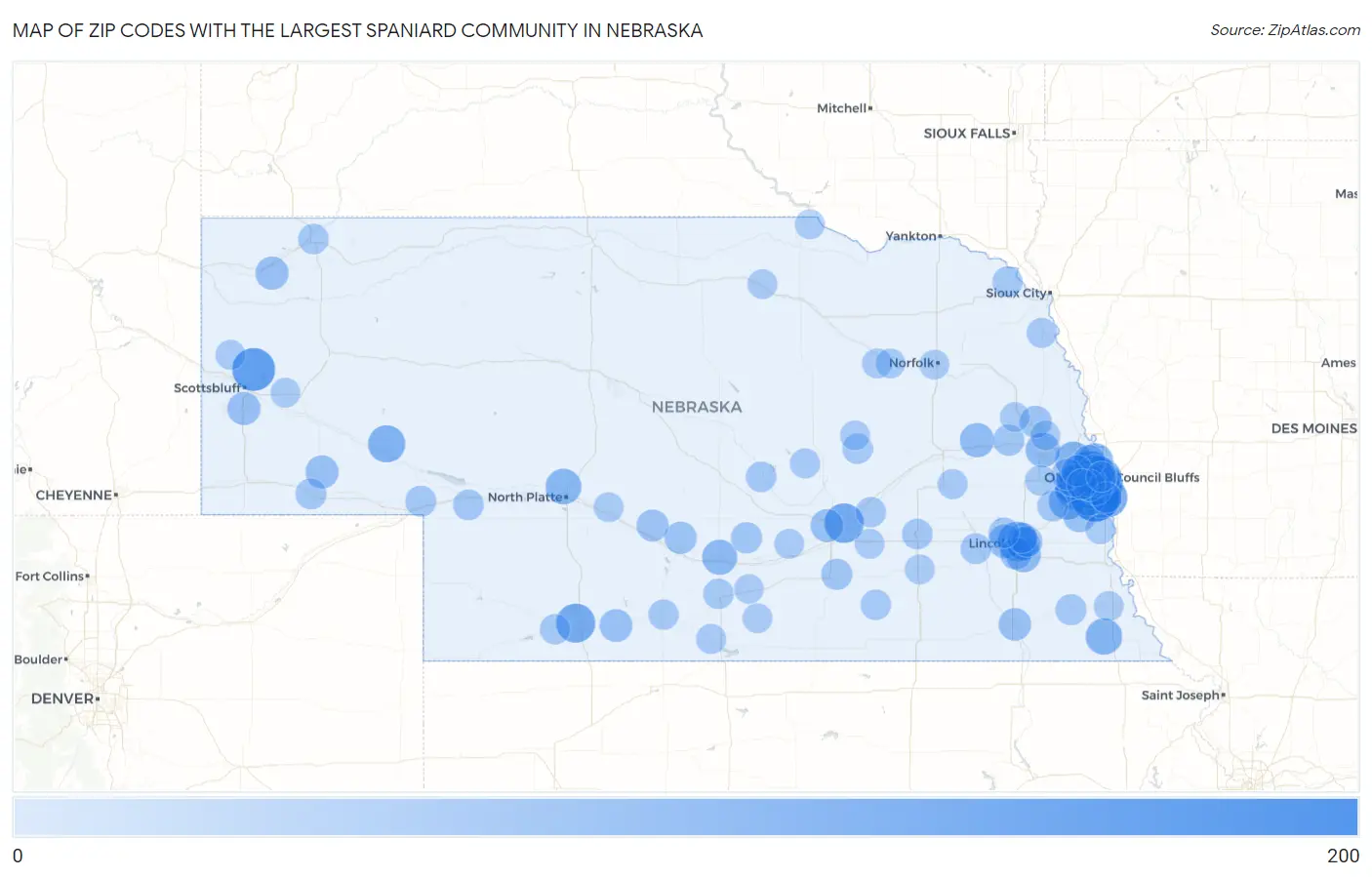 Zip Codes with the Largest Spaniard Community in Nebraska Map