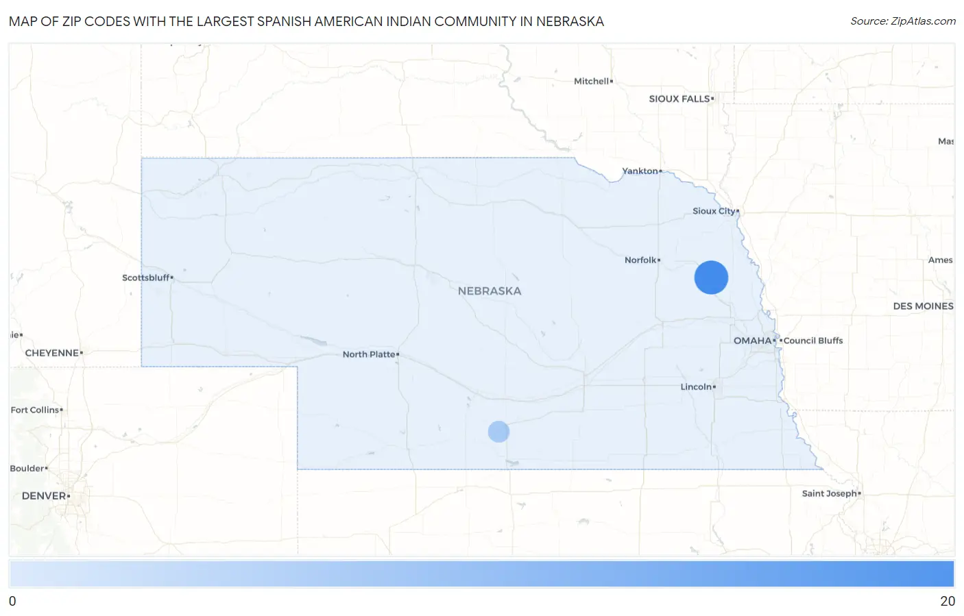 Zip Codes with the Largest Spanish American Indian Community in Nebraska Map