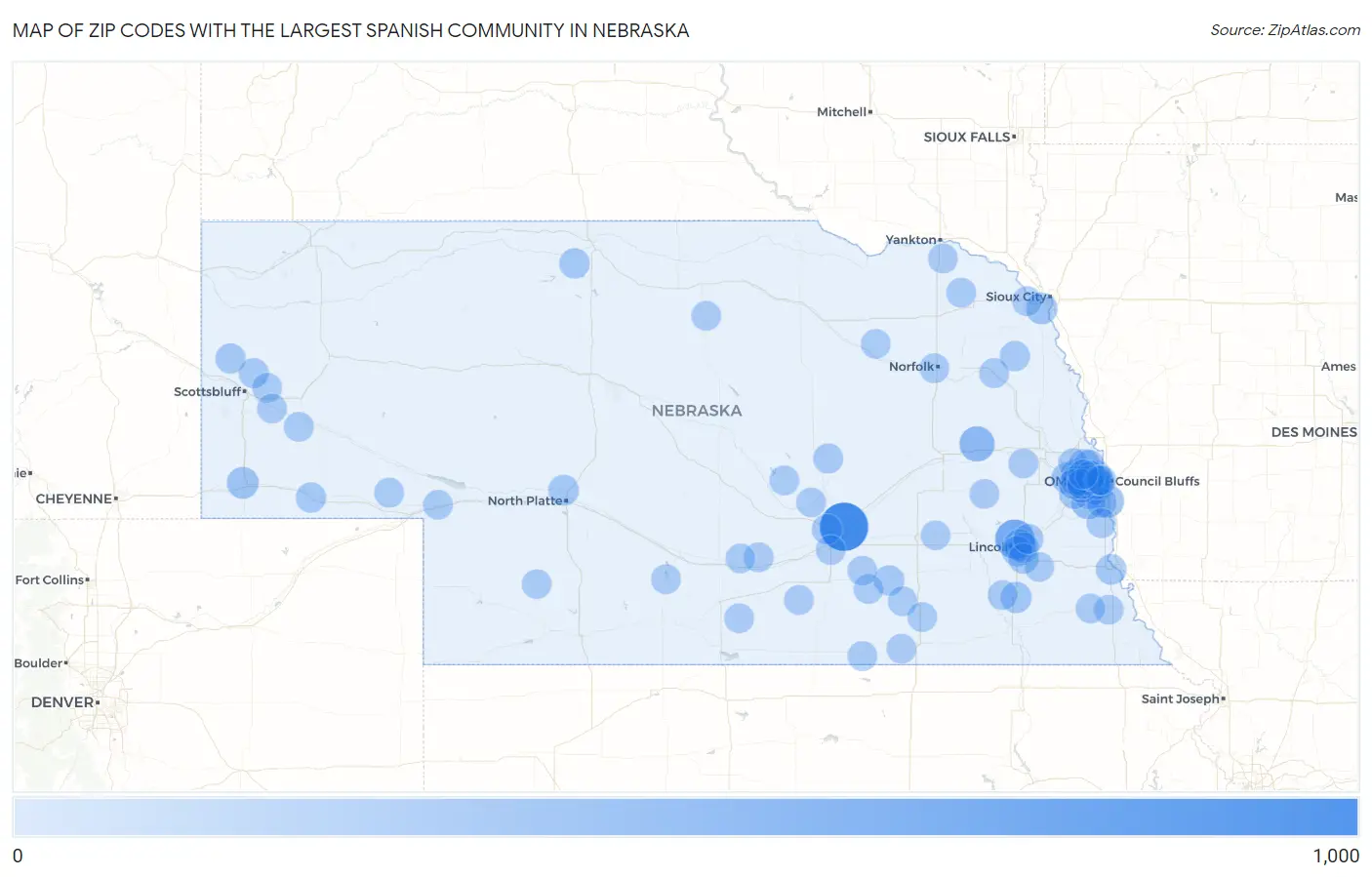 Zip Codes with the Largest Spanish Community in Nebraska Map