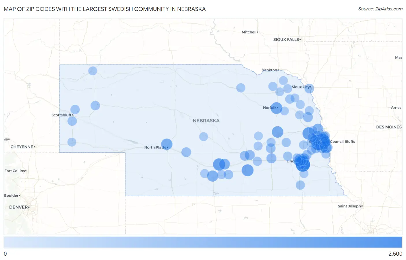 Zip Codes with the Largest Swedish Community in Nebraska Map