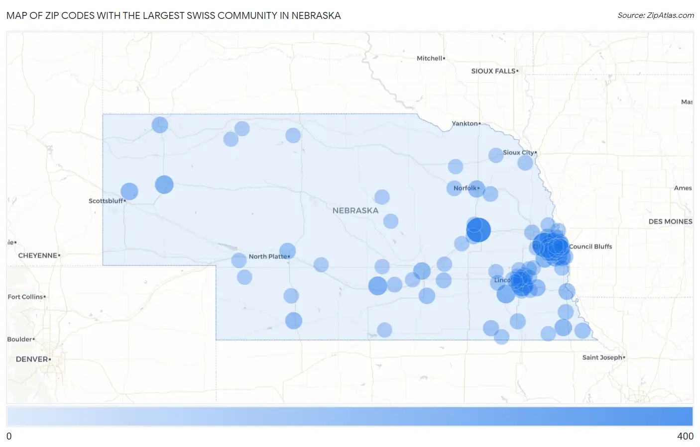 Zip Codes with the Largest Swiss Community in Nebraska Map
