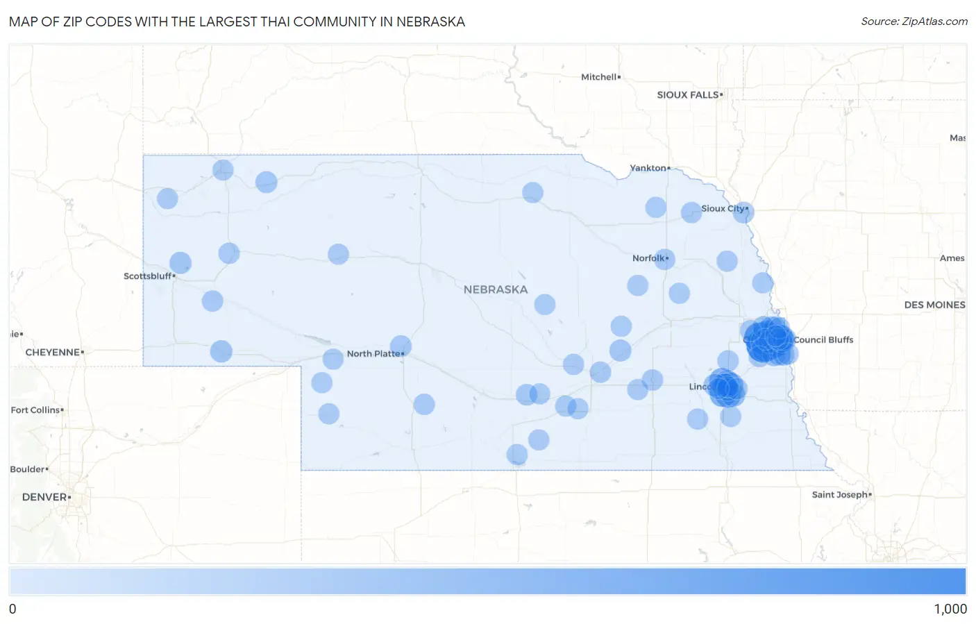 Zip Codes with the Largest Thai Community in Nebraska Map