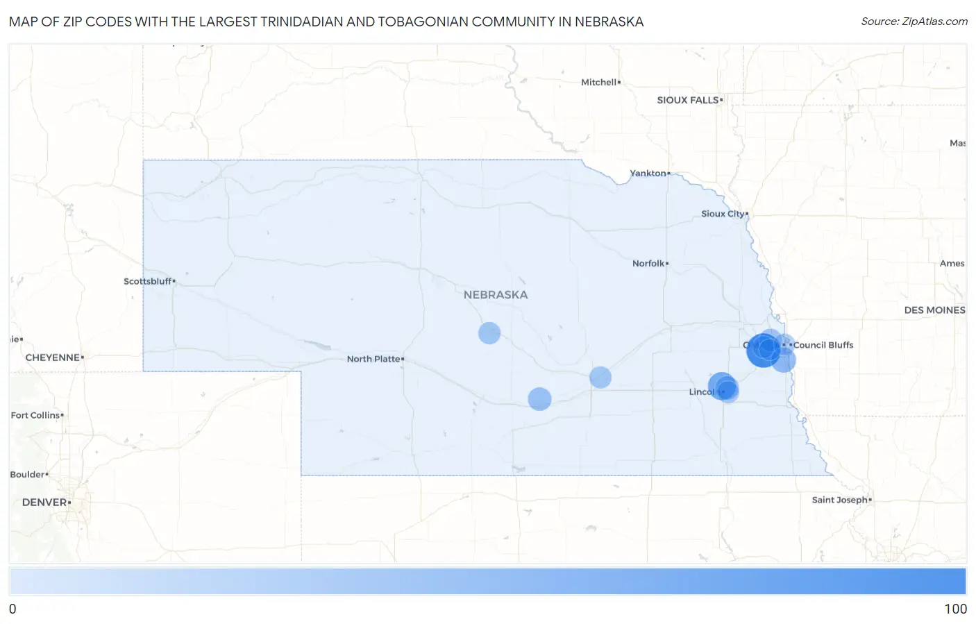 Zip Codes with the Largest Trinidadian and Tobagonian Community in Nebraska Map