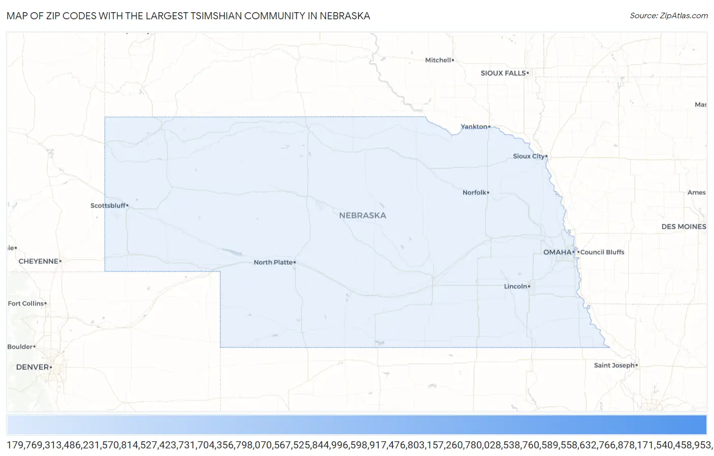 Zip Codes with the Largest Tsimshian Community in Nebraska Map