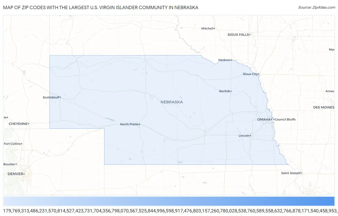 Zip Codes with the Largest U.S. Virgin Islander Community in Nebraska Map