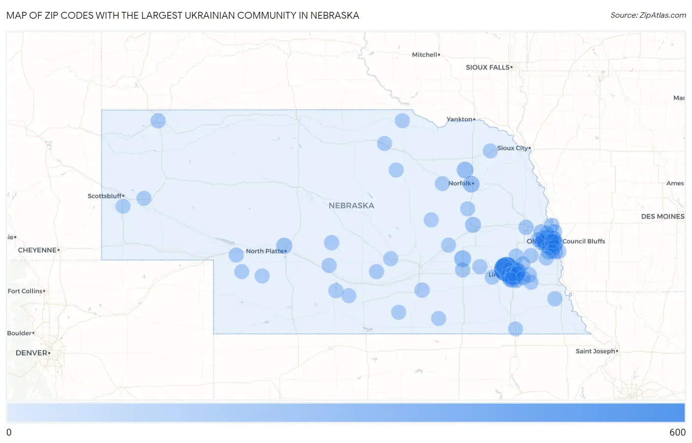 Zip Codes with the Largest Ukrainian Community in Nebraska Map
