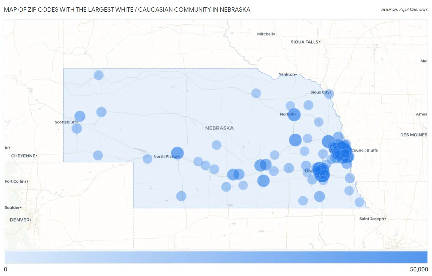 Zip Codes with the Largest White / Caucasian Community in Nebraska Map