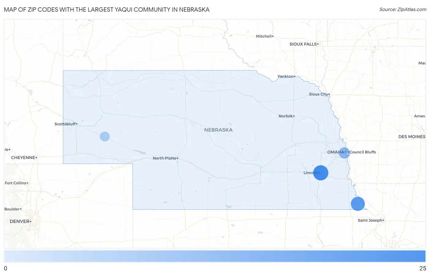 Zip Codes with the Largest Yaqui Community in Nebraska Map
