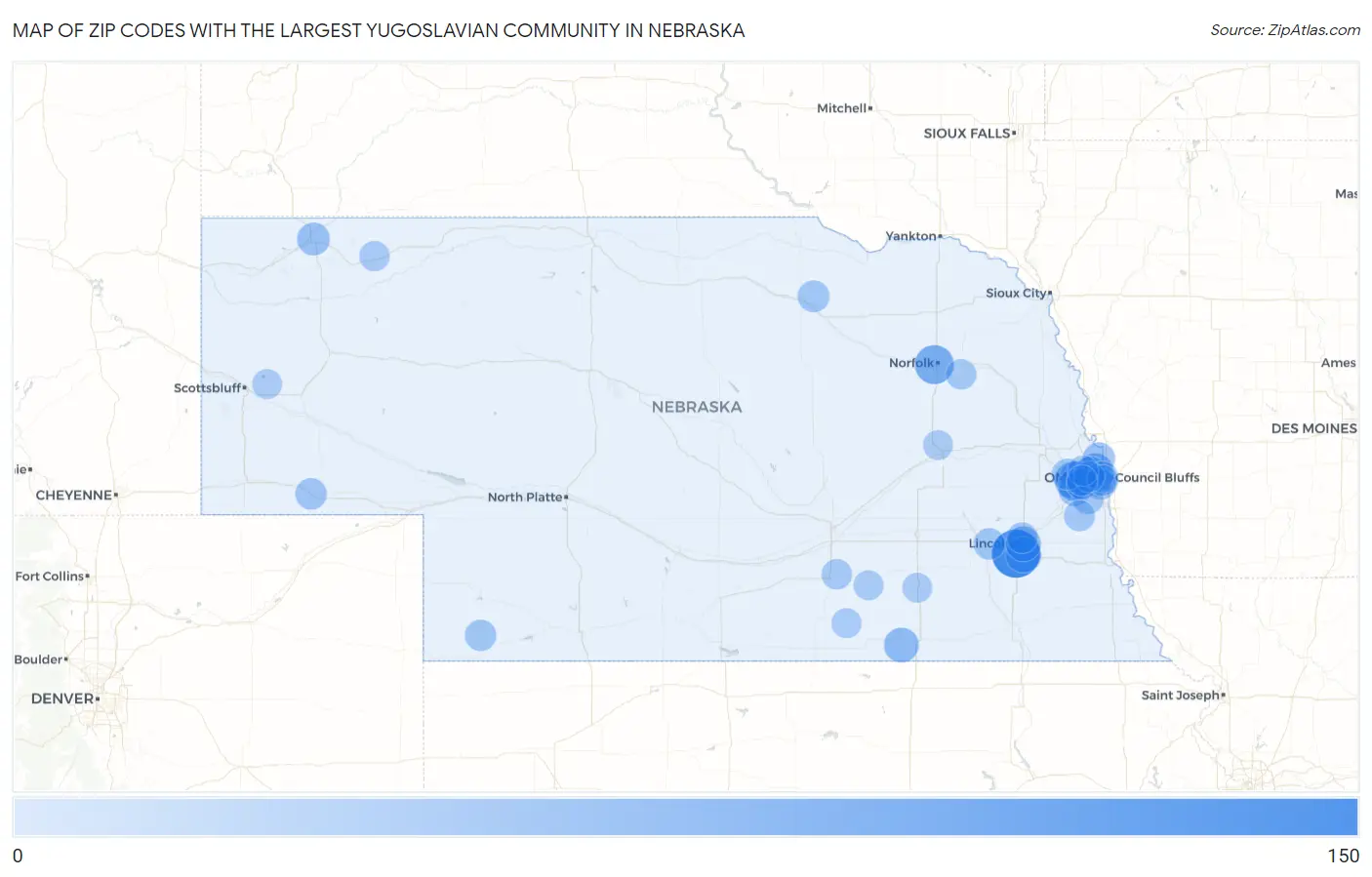 Zip Codes with the Largest Yugoslavian Community in Nebraska Map