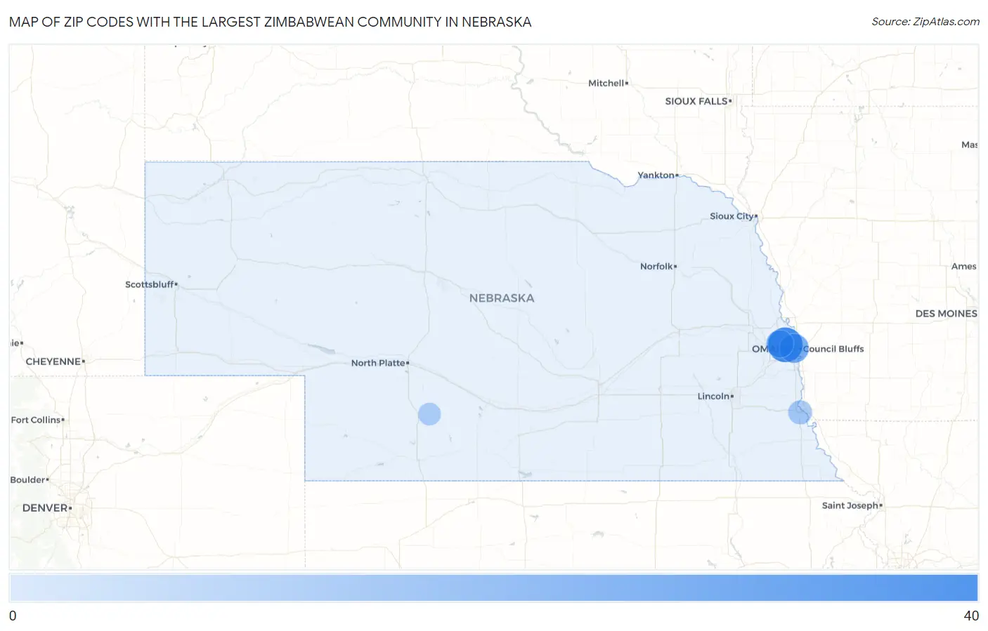 Zip Codes with the Largest Zimbabwean Community in Nebraska Map