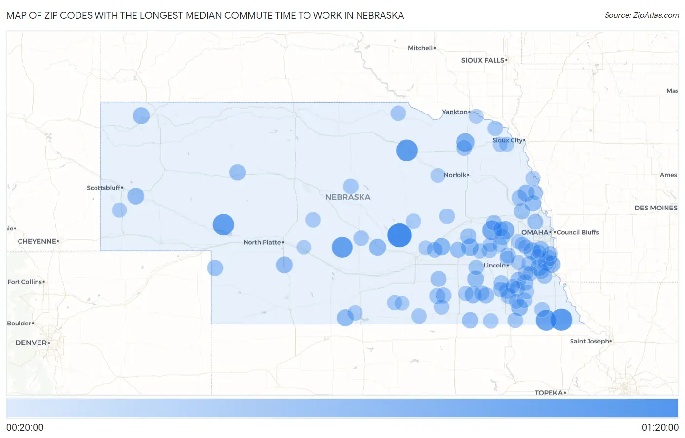Zip Codes with the Longest Median Commute Time to Work in Nebraska Map