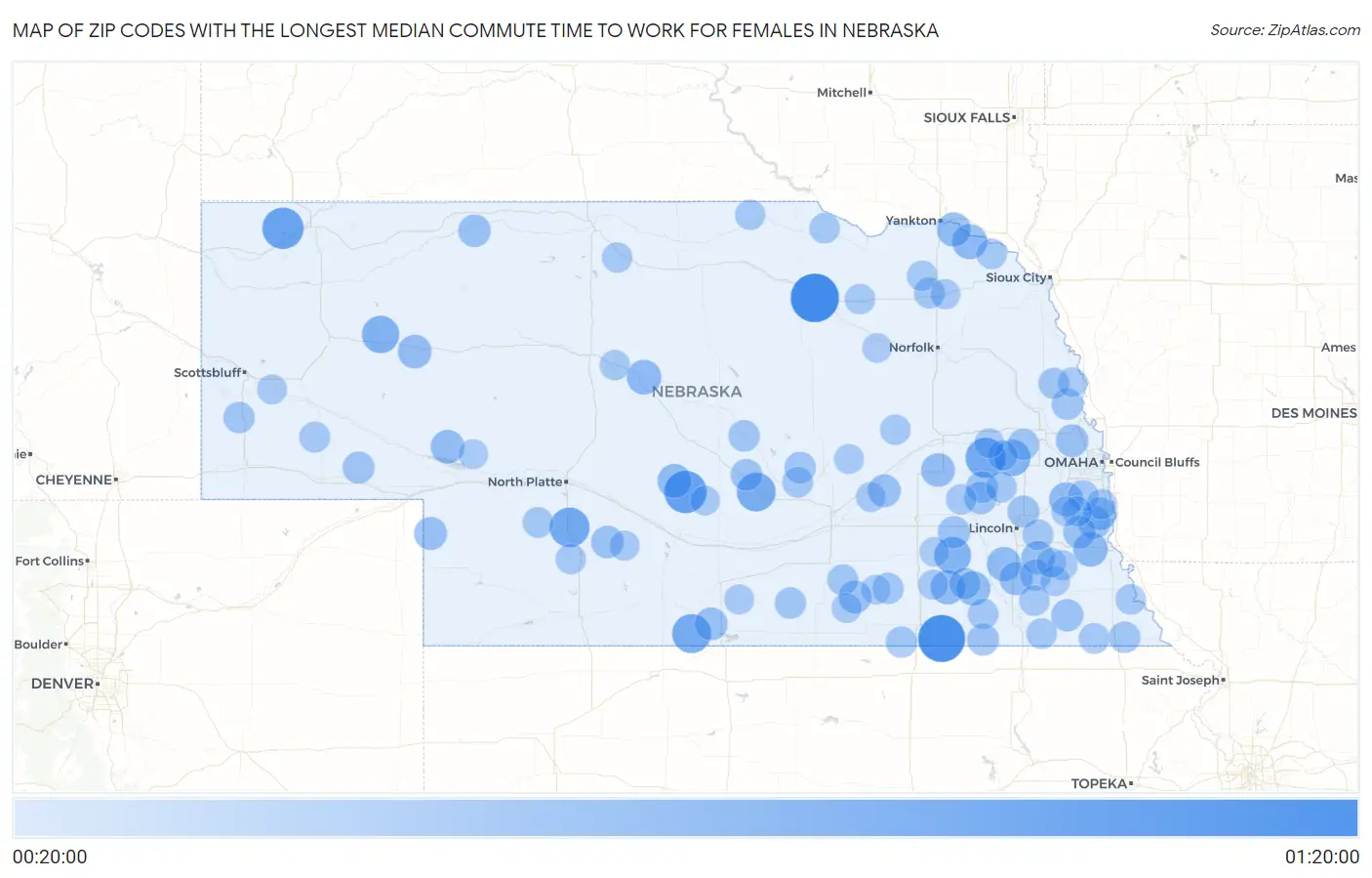 Zip Codes with the Longest Median Commute Time to Work for Females in Nebraska Map