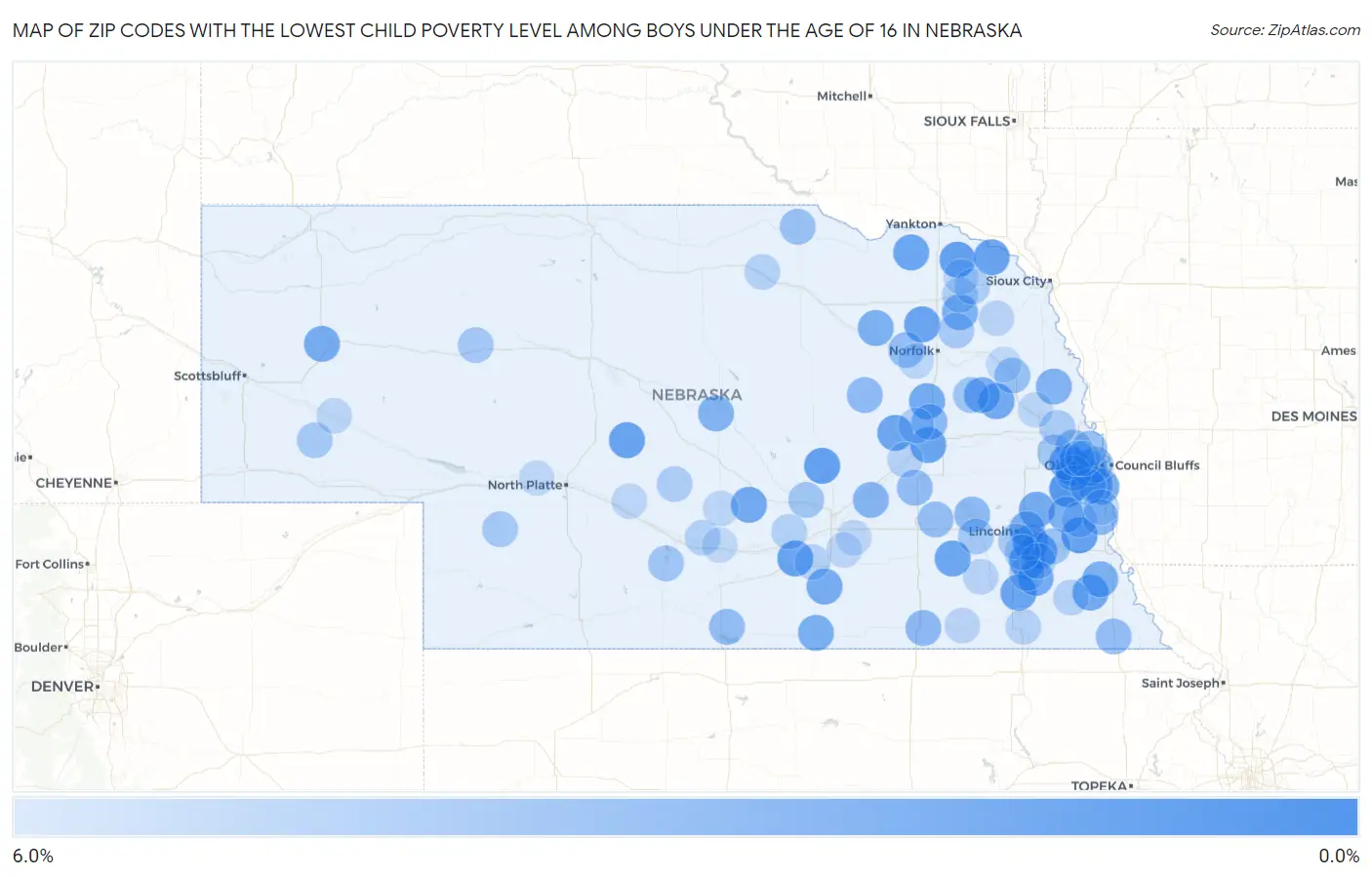 Zip Codes with the Lowest Child Poverty Level Among Boys Under the Age of 16 in Nebraska Map