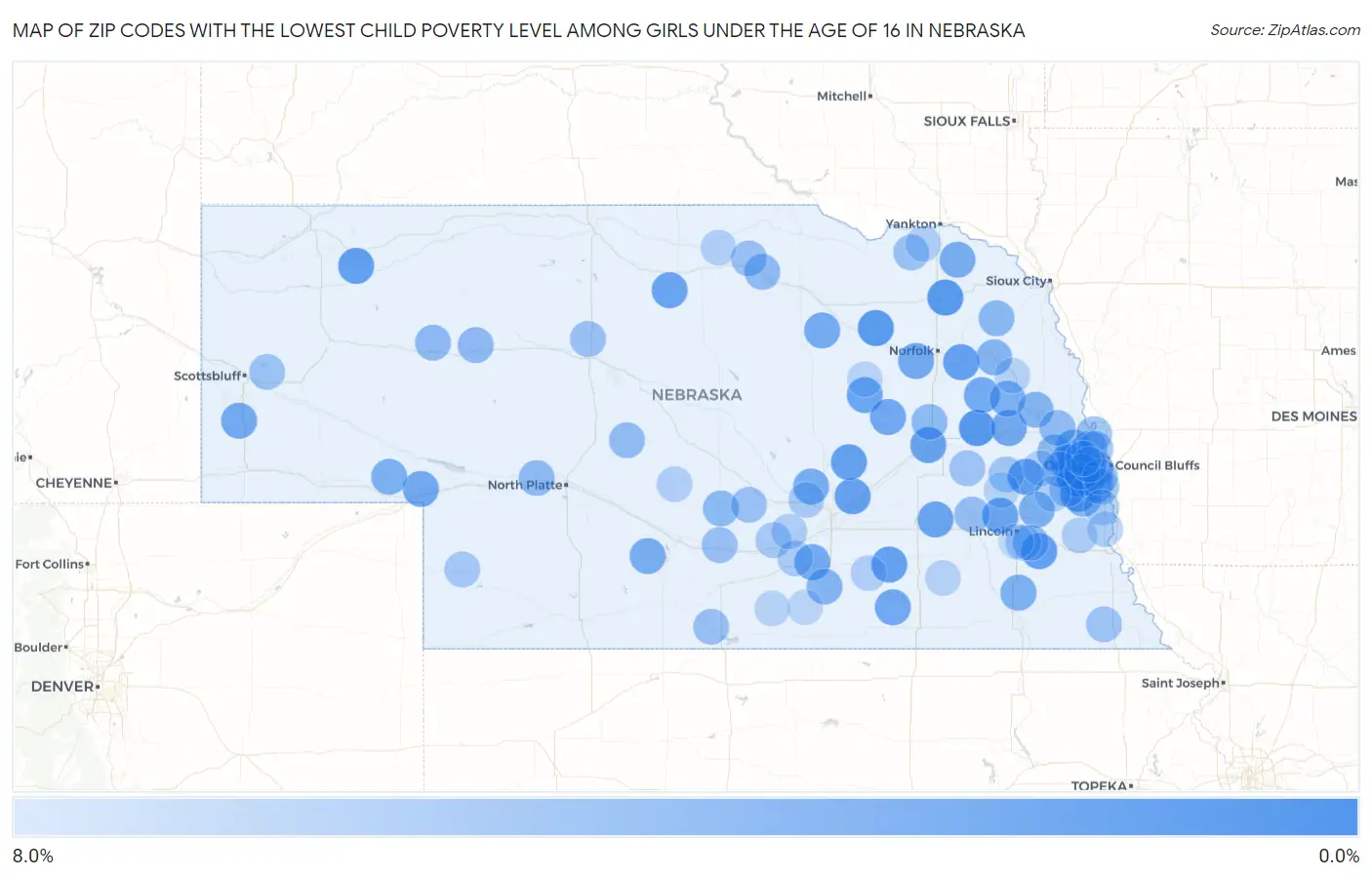 Zip Codes with the Lowest Child Poverty Level Among Girls Under the Age of 16 in Nebraska Map