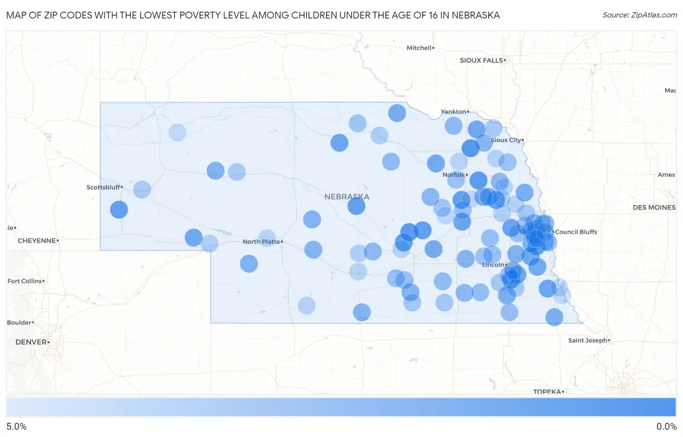 Zip Codes with the Lowest Poverty Level Among Children Under the Age of 16 in Nebraska Map