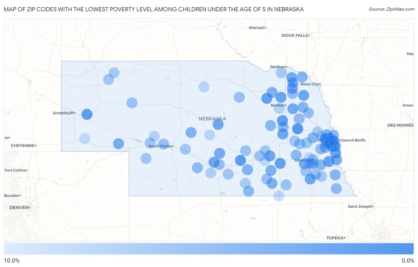 Zip Codes with the Lowest Poverty Level Among Children Under the Age of 5 in Nebraska Map