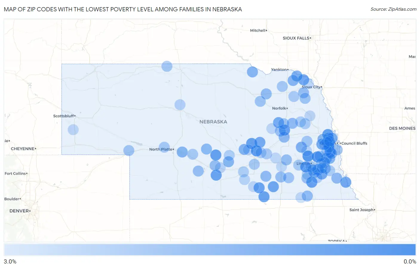 Zip Codes with the Lowest Poverty Level Among Families in Nebraska Map