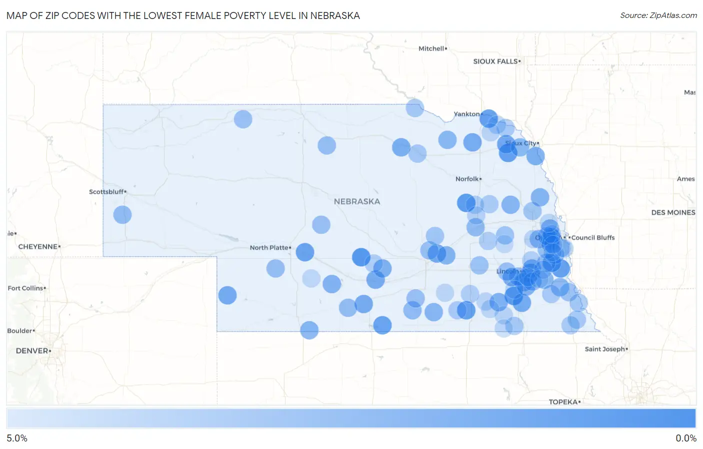 Zip Codes with the Lowest Female Poverty Level in Nebraska Map