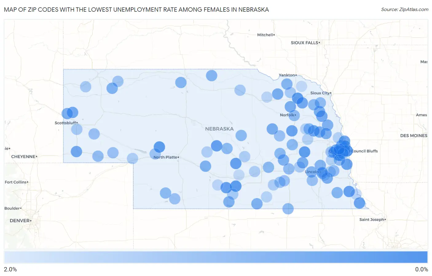 Zip Codes with the Lowest Unemployment Rate Among Females in Nebraska Map