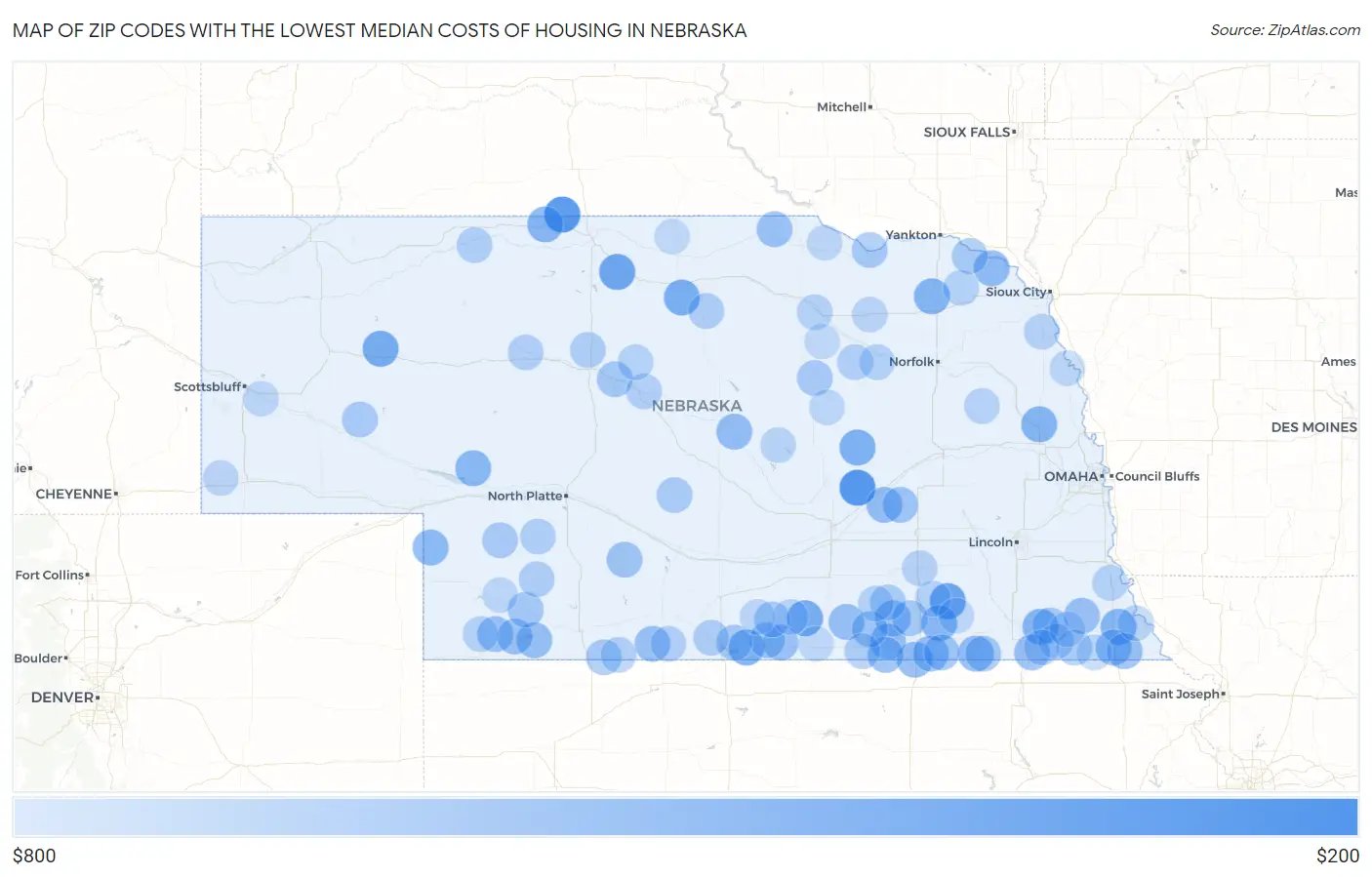 Zip Codes with the Lowest Median Costs of Housing in Nebraska Map