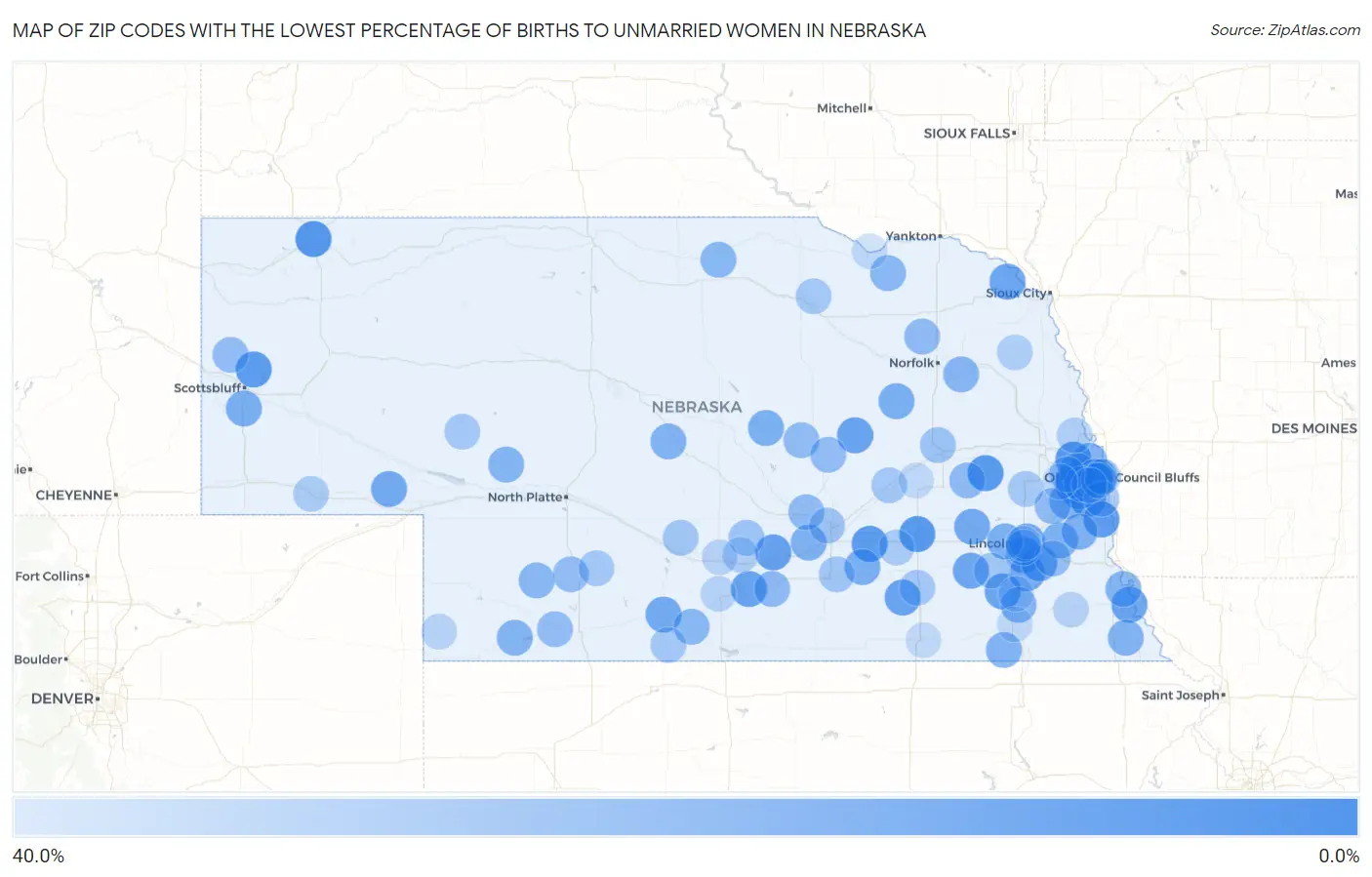 Zip Codes with the Lowest Percentage of Births to Unmarried Women in Nebraska Map