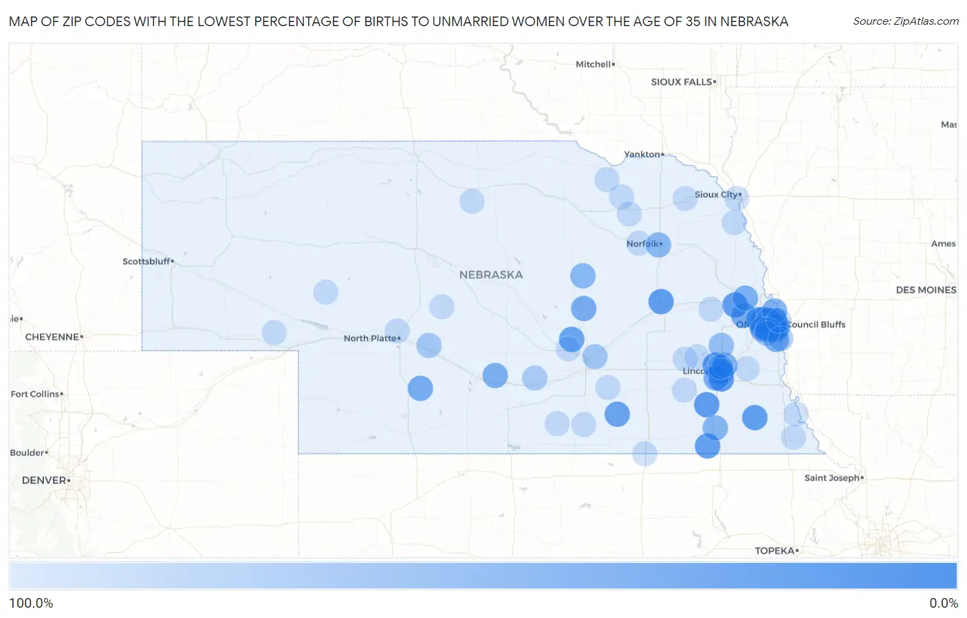 Zip Codes with the Lowest Percentage of Births to Unmarried Women over the Age of 35 in Nebraska Map