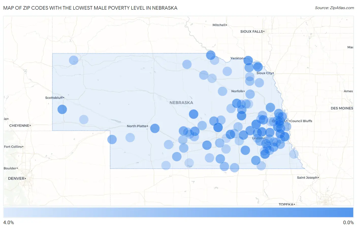 Zip Codes with the Lowest Male Poverty Level in Nebraska Map