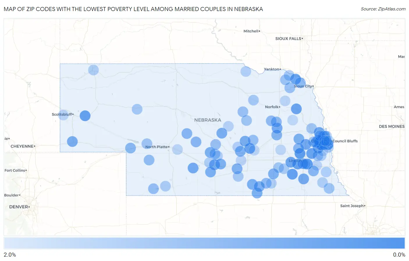 Zip Codes with the Lowest Poverty Level Among Married Couples in Nebraska Map