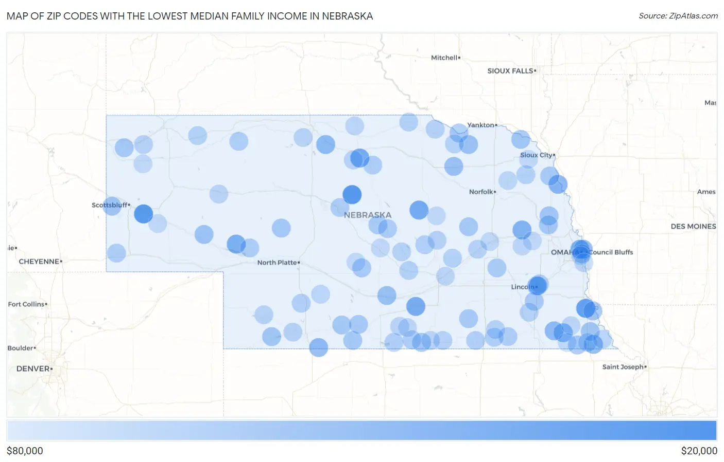 Zip Codes with the Lowest Median Family Income in Nebraska Map