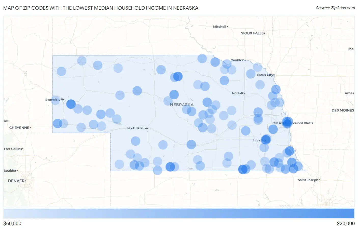 Zip Codes with the Lowest Median Household Income in Nebraska Map