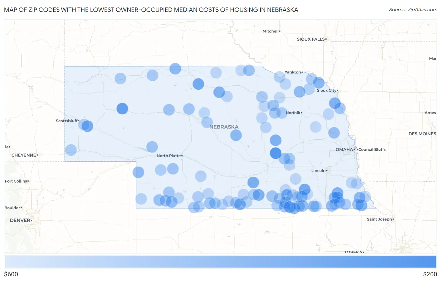 Zip Codes with the Lowest Owner-Occupied Median Costs of Housing in Nebraska Map