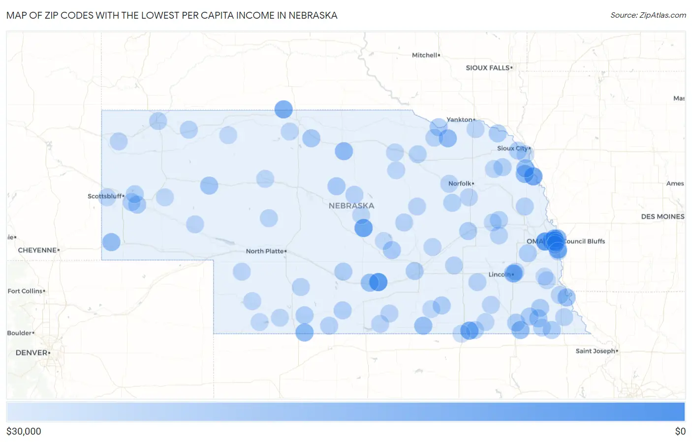 Zip Codes with the Lowest Per Capita Income in Nebraska Map