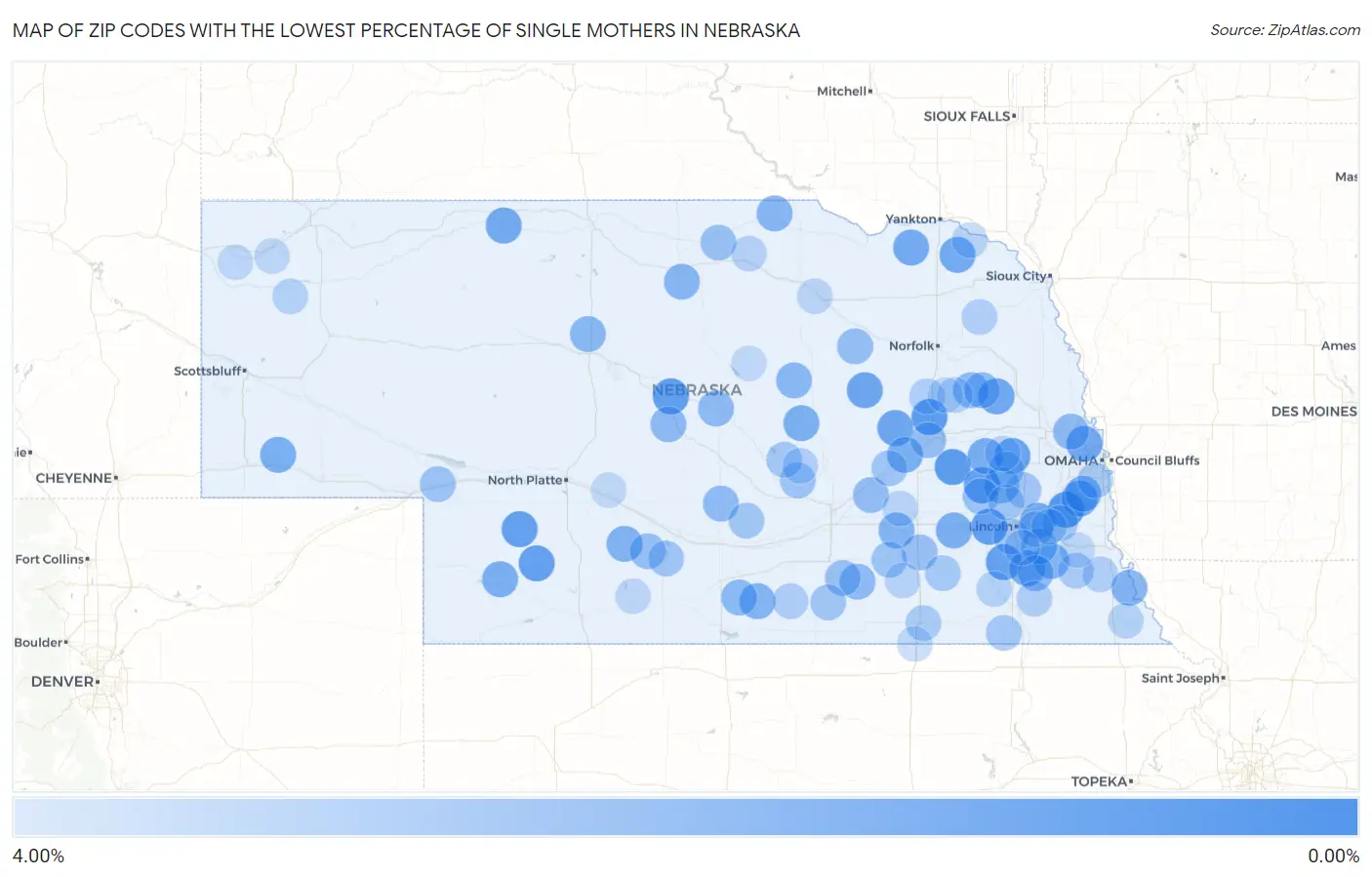 Zip Codes with the Lowest Percentage of Single Mothers in Nebraska Map