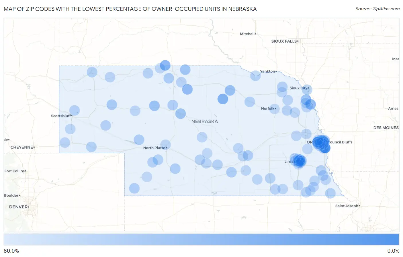 Zip Codes with the Lowest Percentage of Owner-Occupied Units in Nebraska Map