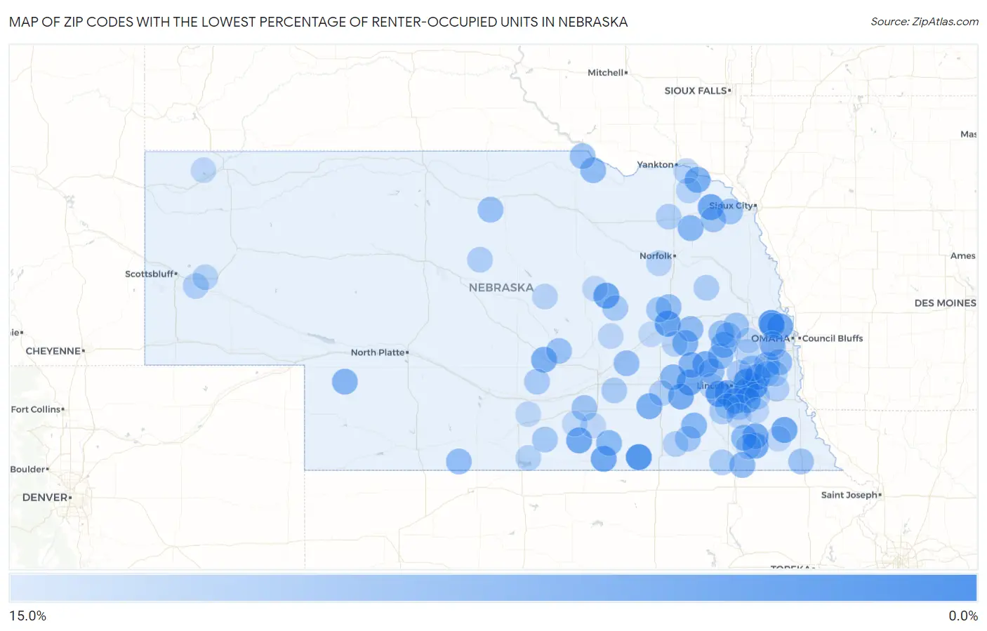 Zip Codes with the Lowest Percentage of Renter-Occupied Units in Nebraska Map