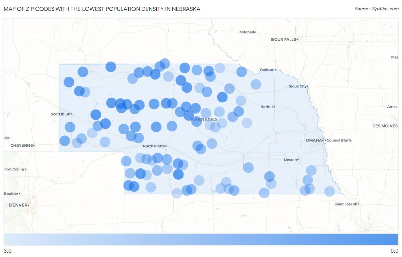 Zip Codes with the Lowest Population Density in Nebraska Map