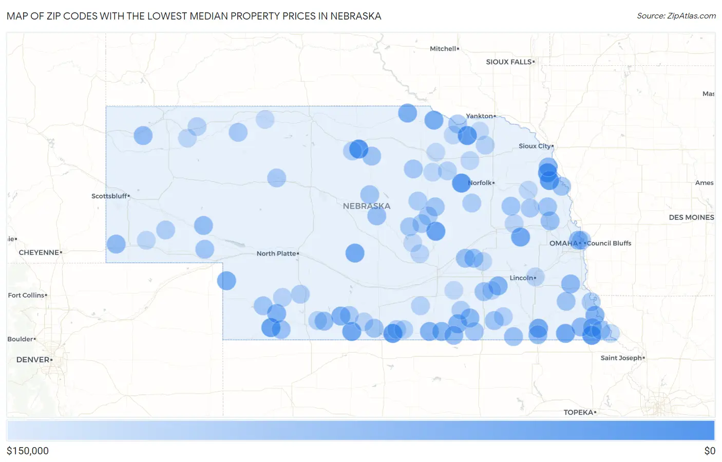 Zip Codes with the Lowest Median Property Prices in Nebraska Map