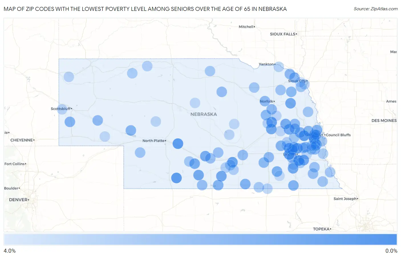 Zip Codes with the Lowest Poverty Level Among Seniors Over the Age of 65 in Nebraska Map