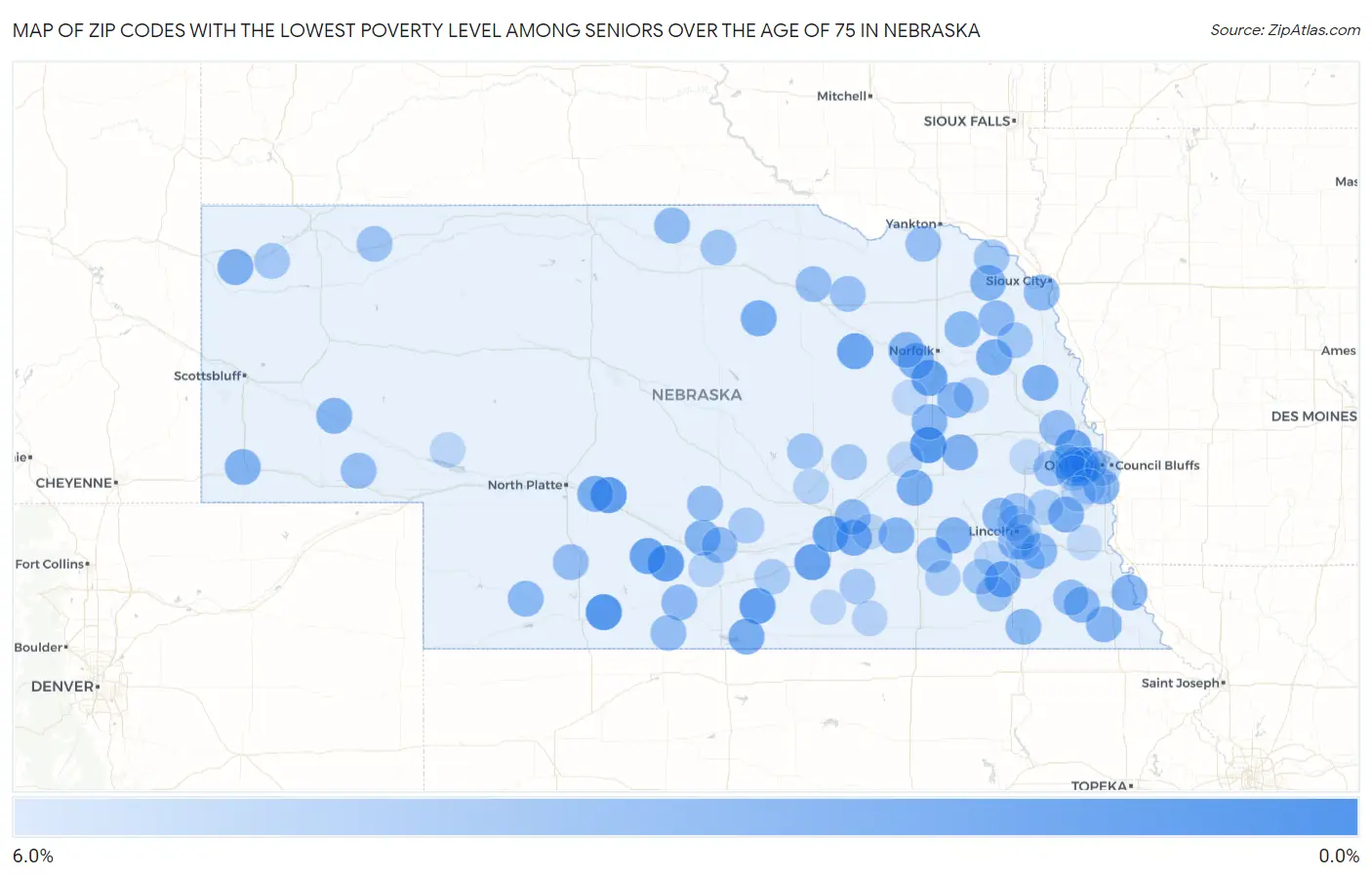 Zip Codes with the Lowest Poverty Level Among Seniors Over the Age of 75 in Nebraska Map