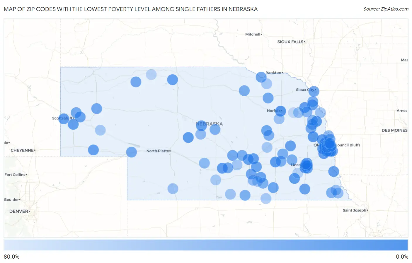 Zip Codes with the Lowest Poverty Level Among Single Fathers in Nebraska Map