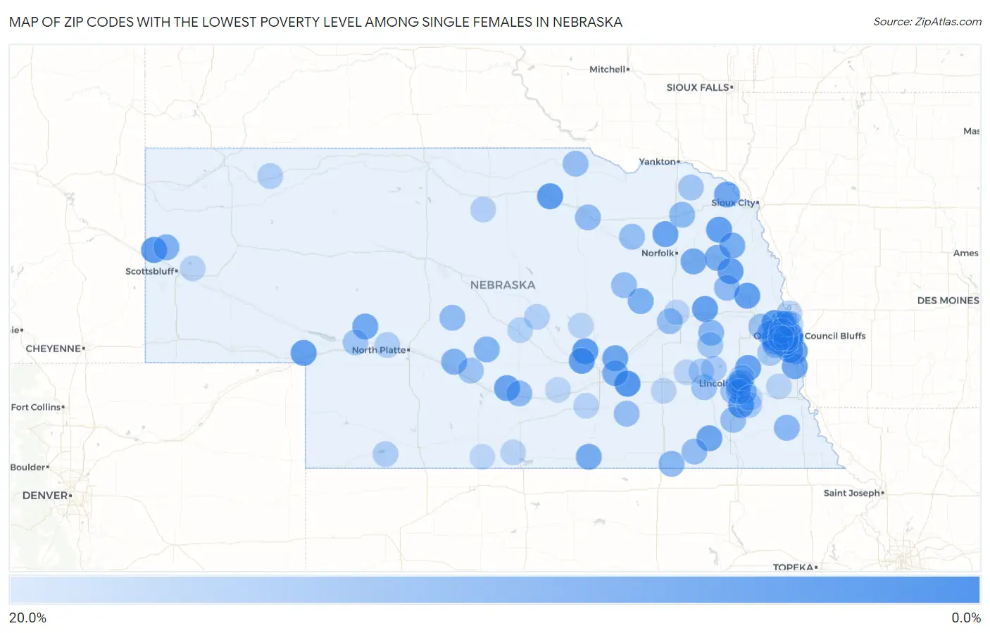 Zip Codes with the Lowest Poverty Level Among Single Females in Nebraska Map
