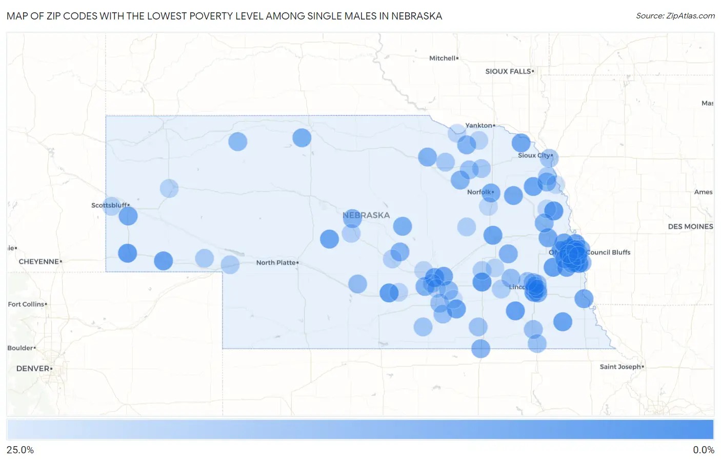 Zip Codes with the Lowest Poverty Level Among Single Males in Nebraska Map