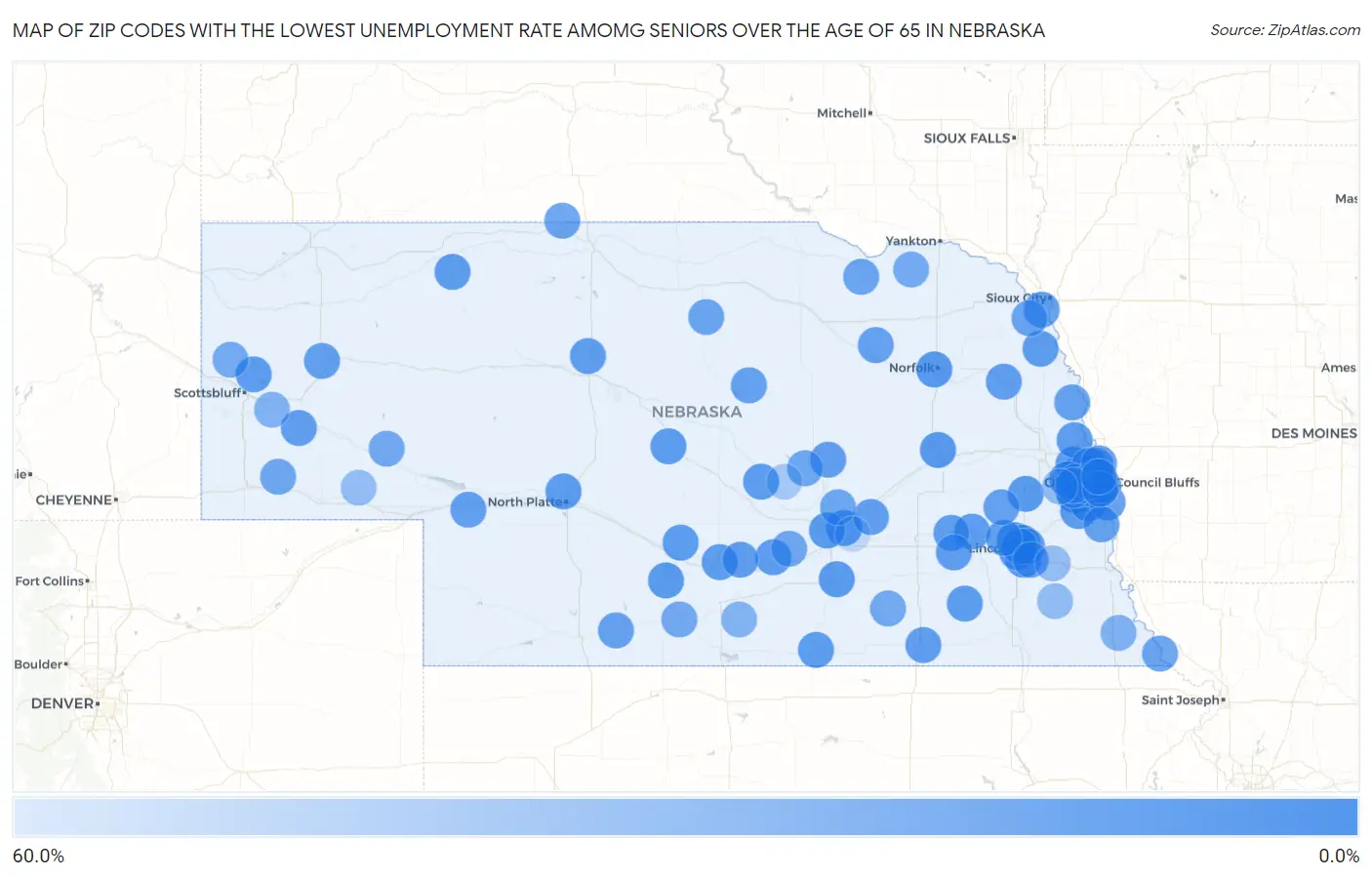 Zip Codes with the Lowest Unemployment Rate Amomg Seniors Over the Age of 65 in Nebraska Map