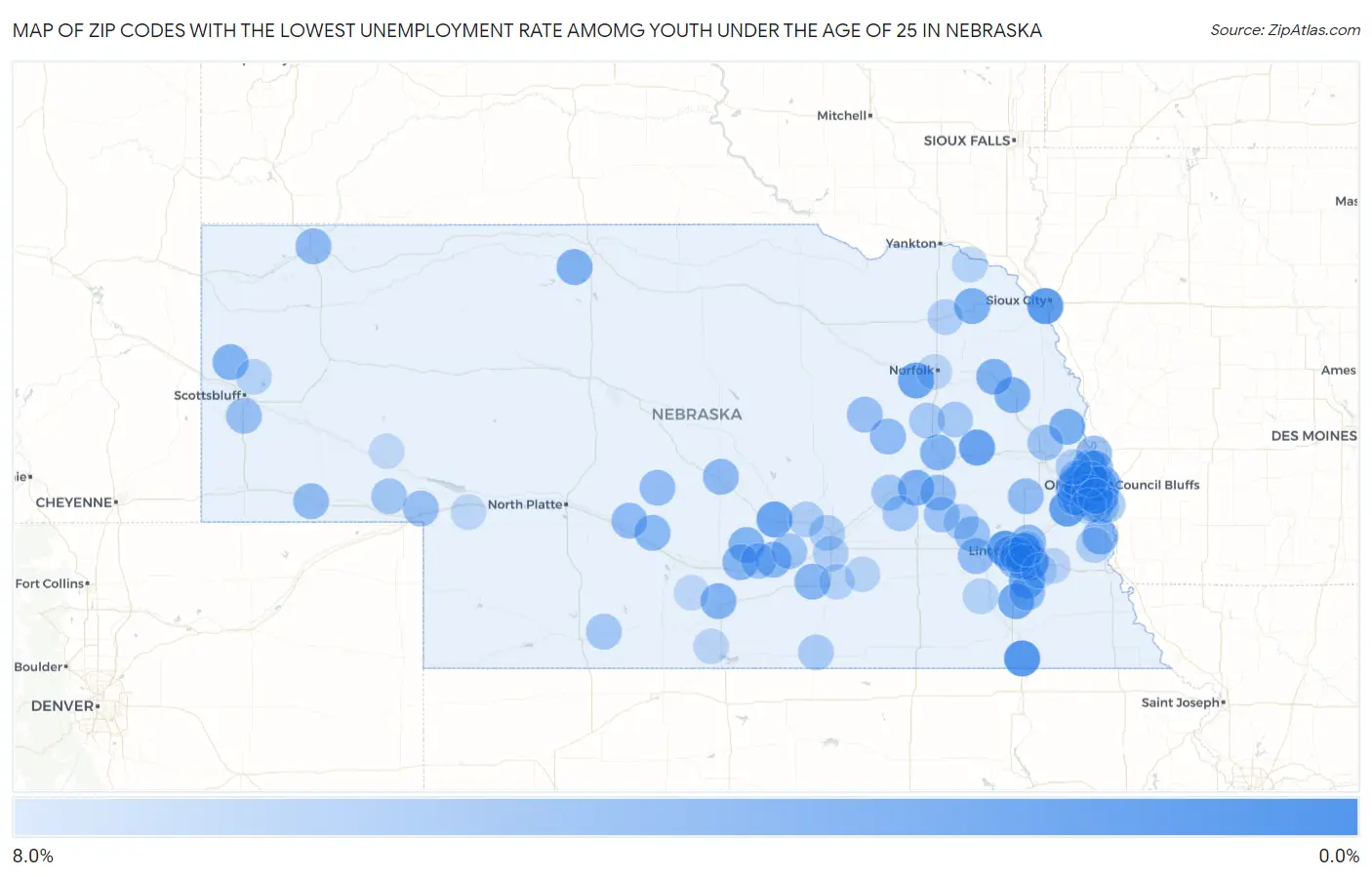 Zip Codes with the Lowest Unemployment Rate Amomg Youth Under the Age of 25 in Nebraska Map