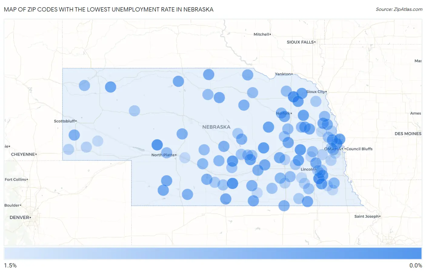 Zip Codes with the Lowest Unemployment Rate in Nebraska Map
