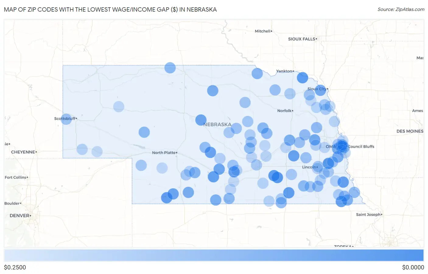 Zip Codes with the Lowest Wage/Income Gap ($) in Nebraska Map