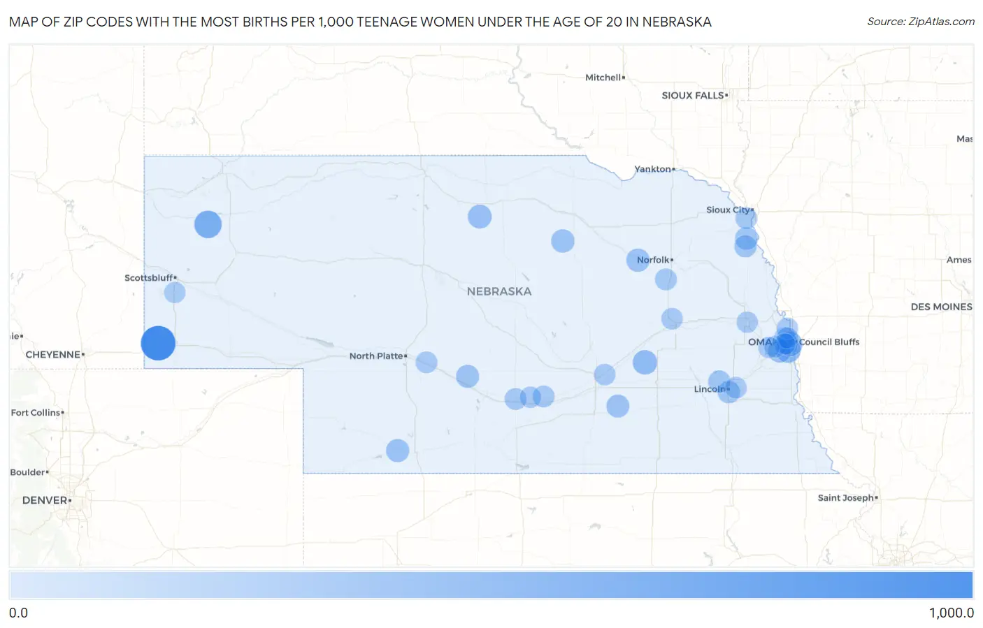 Zip Codes with the Most Births per 1,000 Teenage Women Under the Age of 20 in Nebraska Map