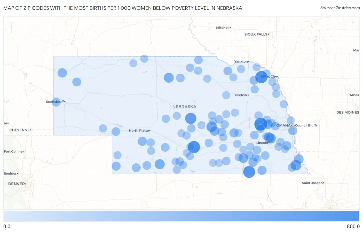 Zip Codes with the Most Births per 1,000 Women Below Poverty Level in Nebraska Map