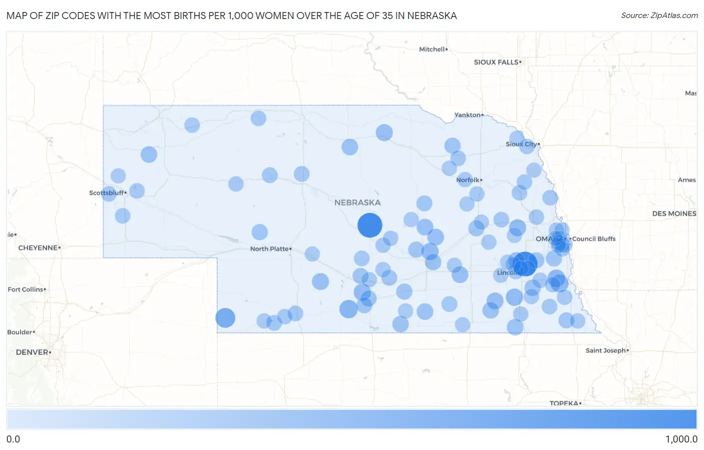 Zip Codes with the Most Births per 1,000 Women Over the Age of 35 in Nebraska Map