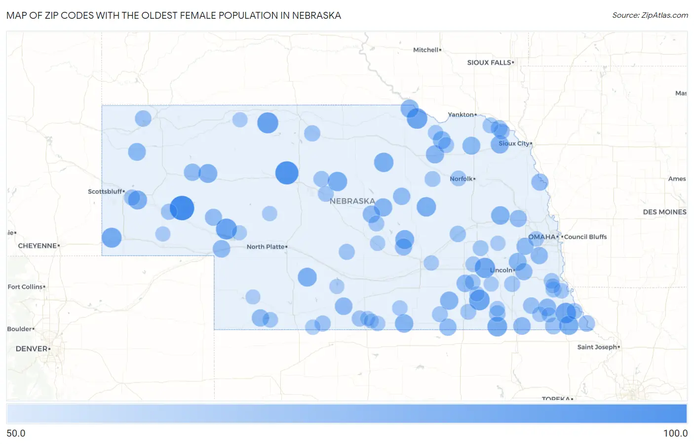 Zip Codes with the Oldest Female Population in Nebraska Map